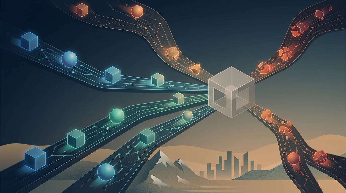 Ilustración editorial de activos digitales viajando por distintas redes blockchain hacia una misma cuenta, sin logos ni importes