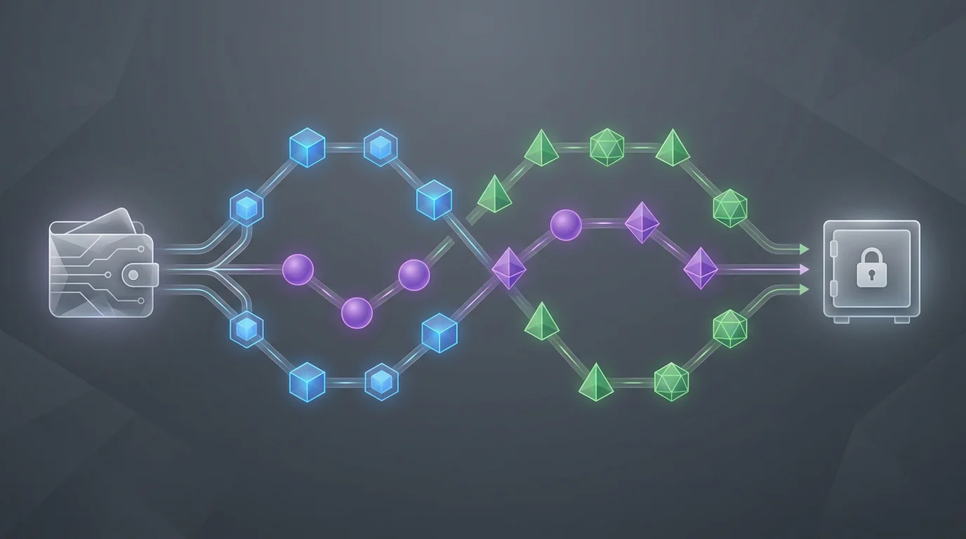 Ilustración editorial de rutas blockchain y activos digitales conectados sin marcas ni importes