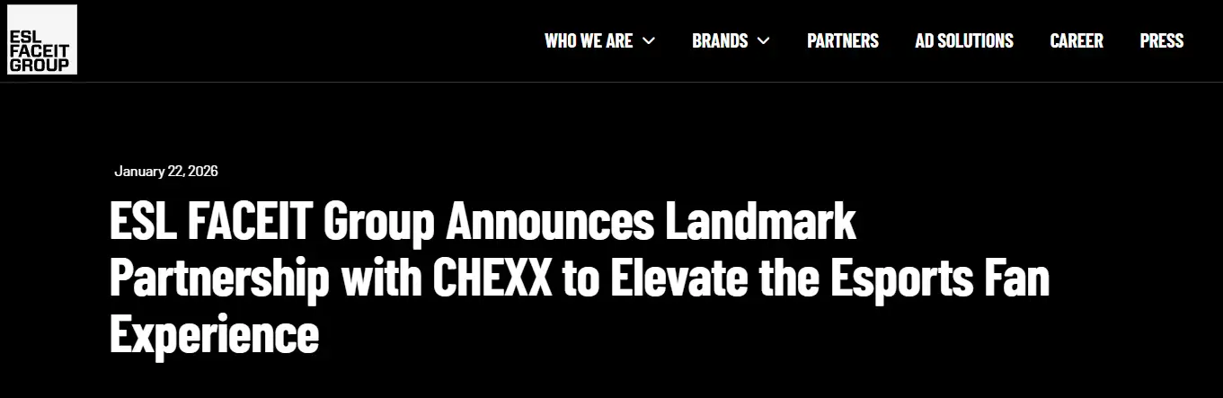 Captura del anuncio oficial de ESL FACEIT Group sobre la alianza con CHEXX en 2026