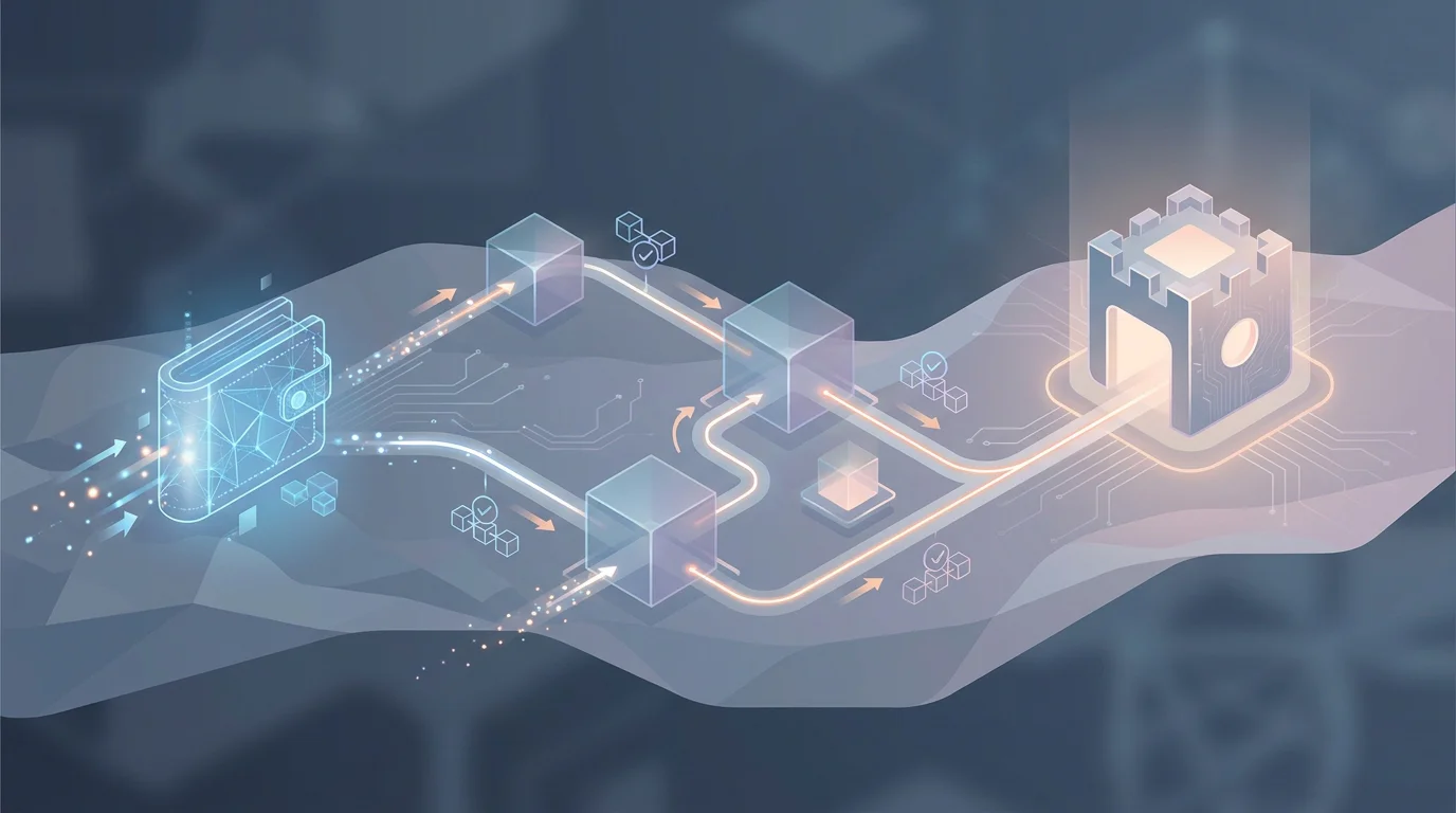 Ilustración editorial de varias redes blockchain convergiendo en una cuenta de casino sin marcas ni importes