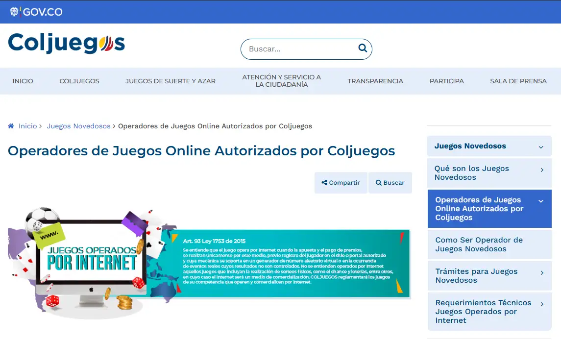 Captura de la fuente oficial de Coljuegos sobre operadores online autorizados