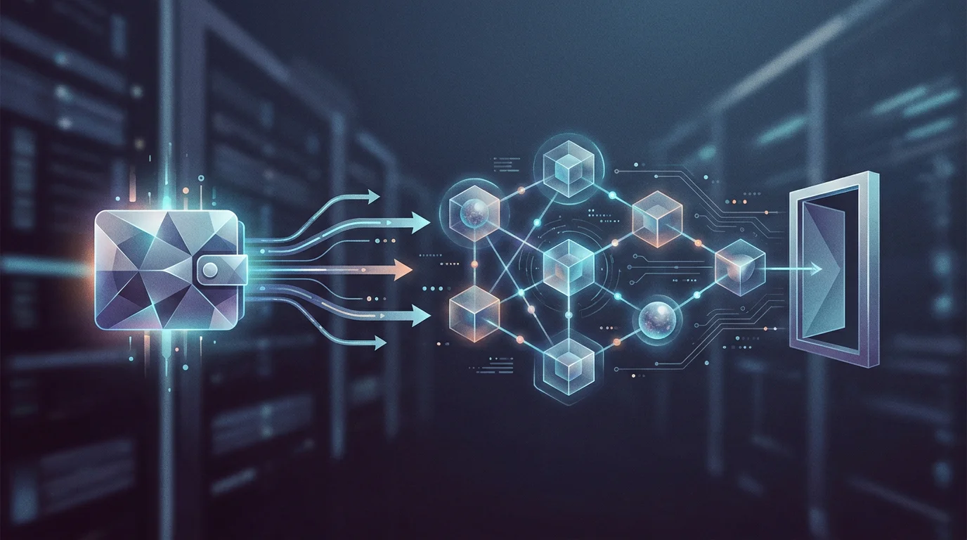 Ilustración editorial de una retirada de criptomonedas entre una cuenta y una wallet mediante una red blockchain