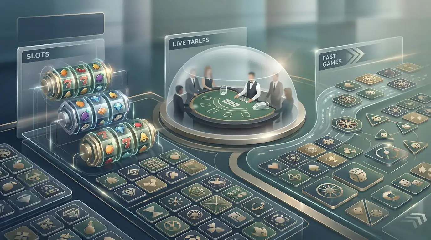Ilustración editorial abstracta de distintas categorías de casino organizadas como biblioteca digital, sin marcas ni interfaces reales