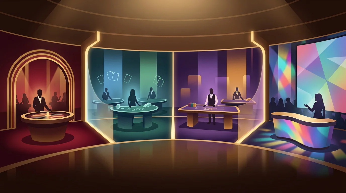 Ilustración editorial de una sala de casino en vivo con mesas abstractas de ruleta, blackjack y game shows
