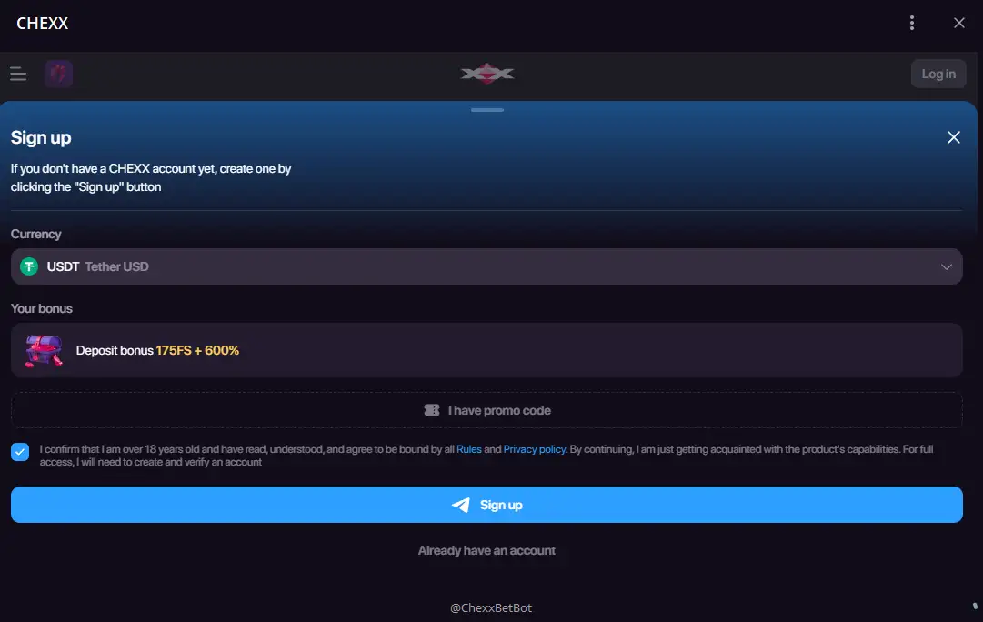Captura del acceso oficial de CHEXX mediante su bot de Telegram
