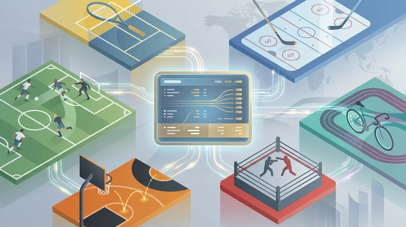 Ilustración editorial de un sportsbook digital con múltiples deportes representados de forma abstracta
